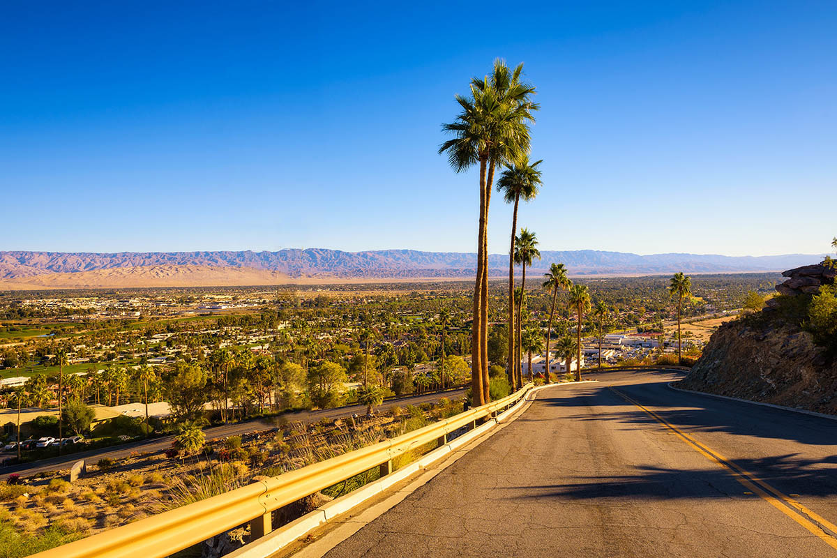 Scenic road leading to Palm Springs in California