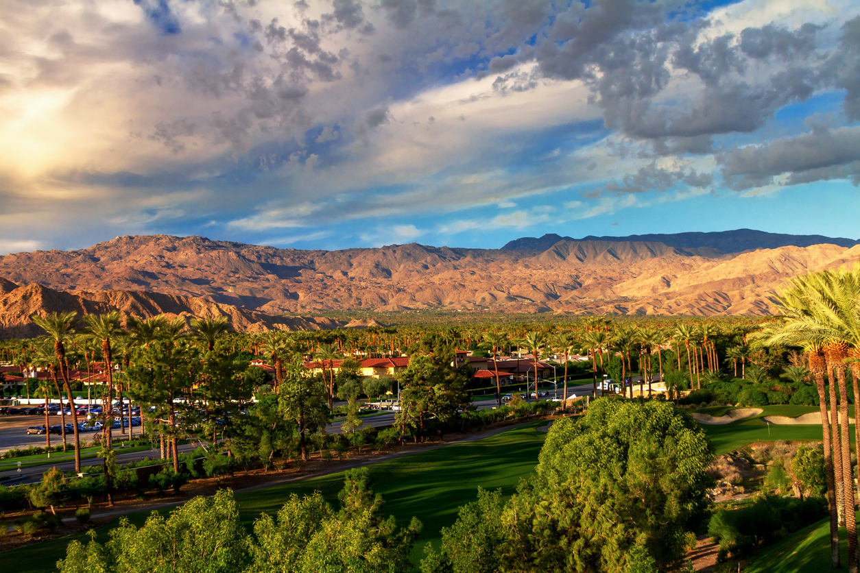 City and mountain view of Indian Wells, California in the Coachella Valley